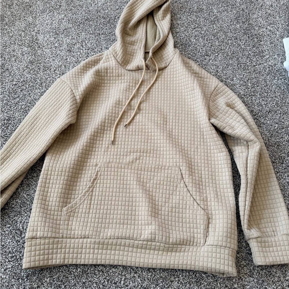 Quilted Beige Hooded Pullover Sweatshirt